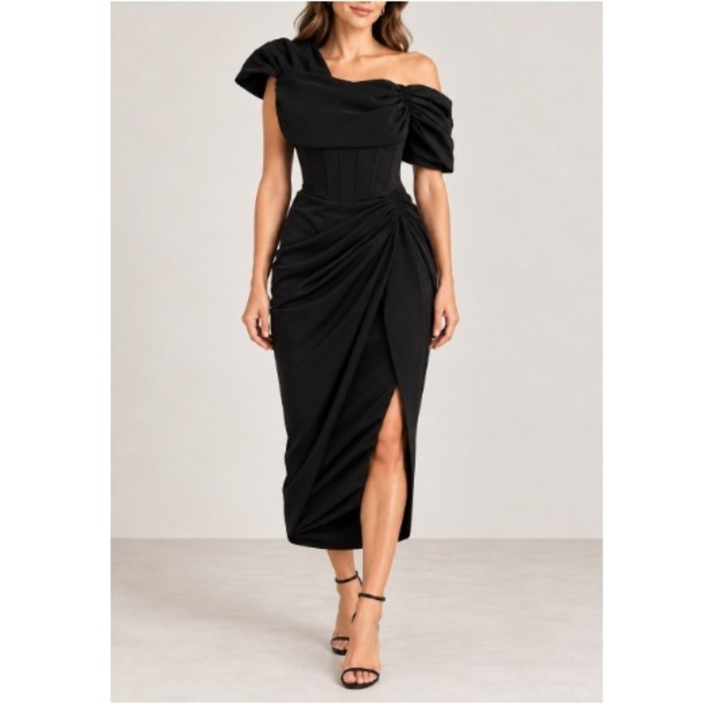 Pretty Little Things Black Corset Bardot Draped Midi Dress Size 10 NWT